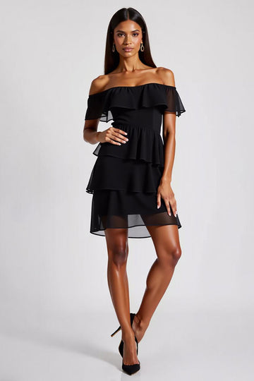 Black Chiffon Off the Shoulder Tiered A Line Short Cocktail Dress